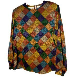 La Chine Classic Blouse Size 12 Satin Polyester Patch Look Rose Long Slv Vintage